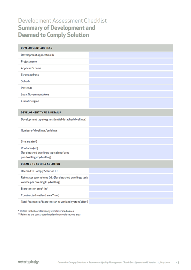 Deemed to Comply Solutions Stormwater Quality Management South East Queensland - Development Assessment Checklist (2010)