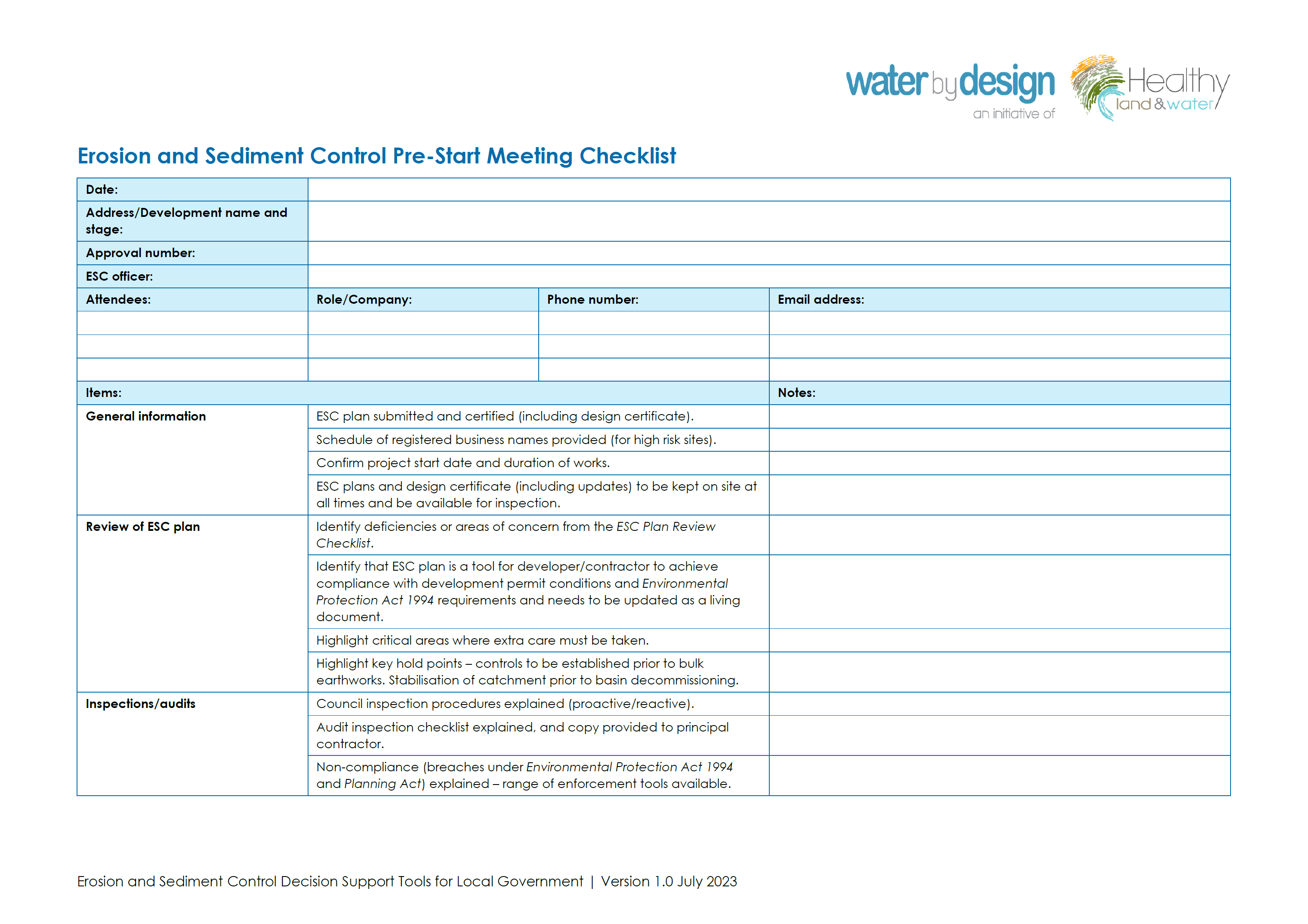 Erosion and Sediment Control Pre-start Meeting Checklist (2023)