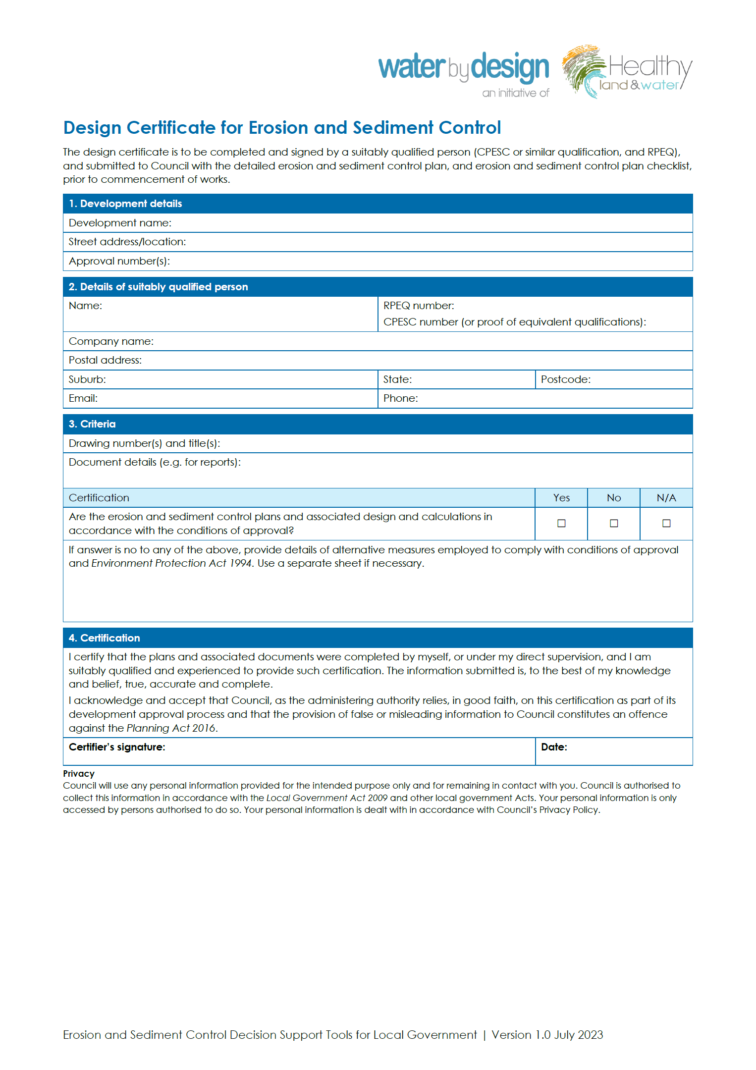 Design Certificate for Erosion and Sediment Control (2023)